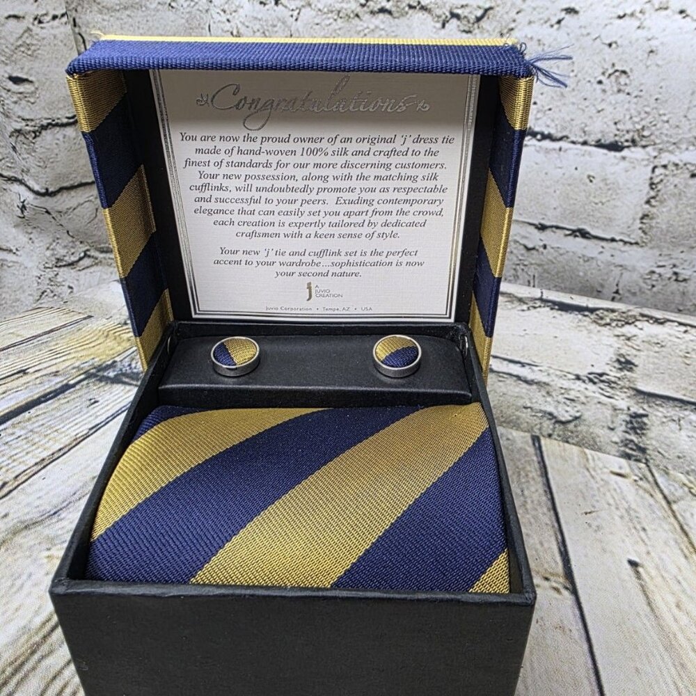 Juvio Creation Blue Gold Silk Tie Matching Cuff Links Luxury Designer Tie Set